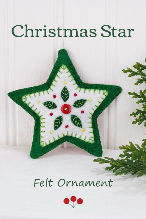 This hand stitched felt star has embroidered leaves and berries in green white and red, and is finished with a red button.The star has a loop for hanging and is 4 inches / 10cm high. #feltchristmasornaments #christmasstar #starornament Diy Felt Christmas Ornaments, Felt Star, Handmade Felt Ornament, Colourful Christmas, Felt Ornaments Patterns, Felt Crafts Christmas, Felt Crafts Diy, Felt Ideas, Scandi Christmas