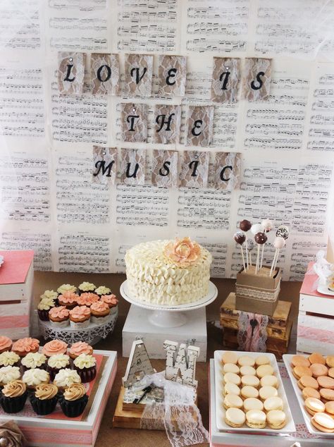 Designed by Cyn for my lovely cousin!  Vintage backdrop, music theme, music sheets, burlap and lace, vintage books, keys, flowers, pearls, love sign, dessert table, suitcase, peach, bride to be, bride.  Wedding, bridal shower, vintage, shabby chic. Music Theme Bridal Shower Ideas, Music Themed Engagement Party, Bridal Shower Music Theme, Music Bridal Shower Theme, Summer Bridal Shower Themes, Shower Music, Music Theme Birthday, Vintage Wedding Signs, Music Themed Parties