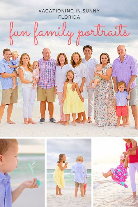 Fun Fall Outfits, Family Beach Pictures Outfits, Picture Color Schemes, Florida 30a, Large Family Poses, Beach Picture Outfits, Fun Family Portraits, Santa Rosa Beach Florida, Big Family Photos