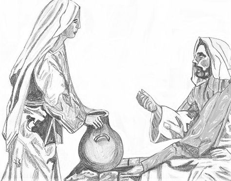 Jesus with the Samaritan Woman at the Well Sketch by Kathleen Ellinger, ofs Well Sketch, Samaritan Woman At The Well, The Samaritan Woman, Samaritan Woman, Sustained Investigation, The Samaritan, Woman At The Well, Jesus Drawings, Christian Artwork