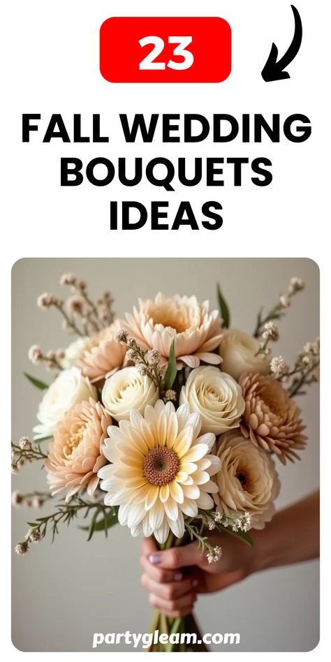 Get ready to fall in love with these 23 stunning fall wedding bouquets ideas that perfectly capture the season's beauty! From warm, neutral-toned flower arrangements to vibrant autumn hues, these bouquets add a charming touch to your special day. You'll find a variety of styles, sizes, and blooms to match your wedding theme. Consider beautiful dahlias, mixed green foliage, and hints of orange to embody that autumn feel. Whether you're going for boho chic or classic elegance, these bouquet ideas will inspire your dream wedding ambiance. August Wedding Flowers, Wedding Bouquets Ideas, Bouquets Ideas, Simple Wedding Bouquets, Wedding Ambiance, Autumn Bouquet, Dahlia Bouquet, Round Bouquet, Pastel Bouquet