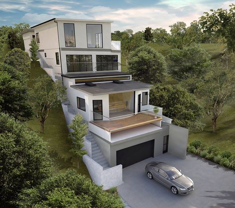 Building On A Slope Architecture, Slope House Design Floor Plans, House Built Into Hill, 3d Building Design, House Built Into Hillside, Slope House Design, House On Slope, House Structure Design, 3 Storey House Design