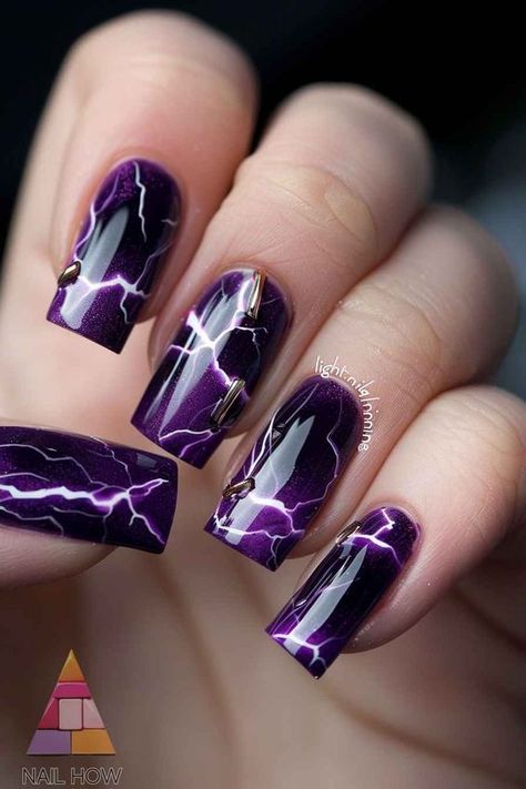 Purple Lighting Bolt Nails, Storm Nails Design, Deep Purple Nail Ideas, Lightning Nails Designs, Lightening Nails, Red And Purple Nails, Lightning Nail Art, Purple And Green Nails, Lightning Nails