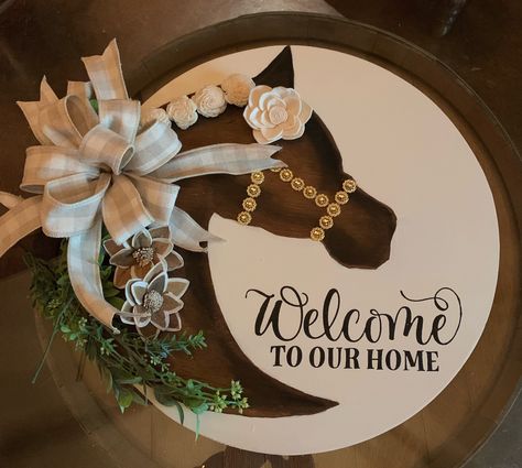 Horse Door Hanger, Horse Wreaths For Front Door, Horse Head Silhouette, Hospital Door Wreaths, Door Rounds, Horse Door, Wine Barrel Wall, Barn Crafts, Horse Lover Gifts