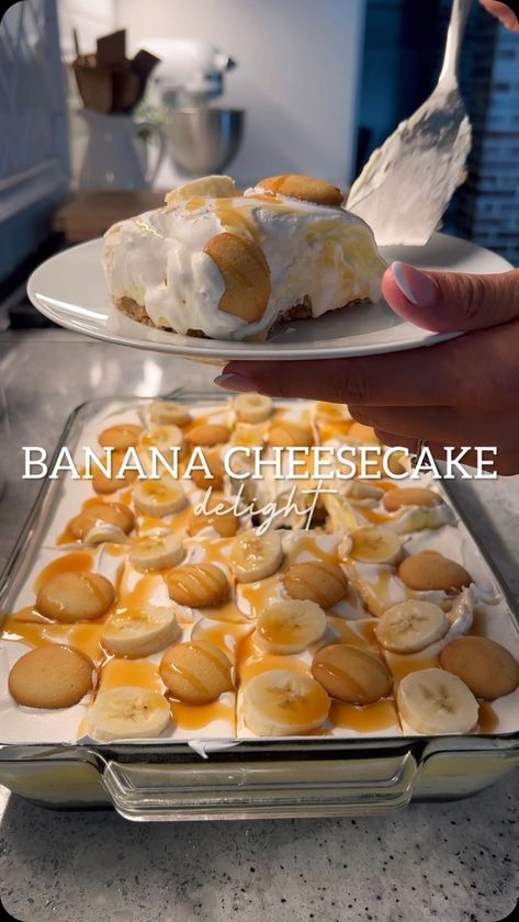 BRITSCOOKIN | Banana Cheesecake Delight! Crust 11oz box vanilla wafers ¼ cup brown sugar 1 ½ sticks salted butter Pudding 2 3.4 oz boxes vanilla… | Instagram Banana Cheesecake Delight, Britscookin Recipes, Nilla Wafer Cheesecake, Cheesecake Delight, Pudding Bar, Cheesecake Banana, Cups Recipes, Trad Wife, Split Cake