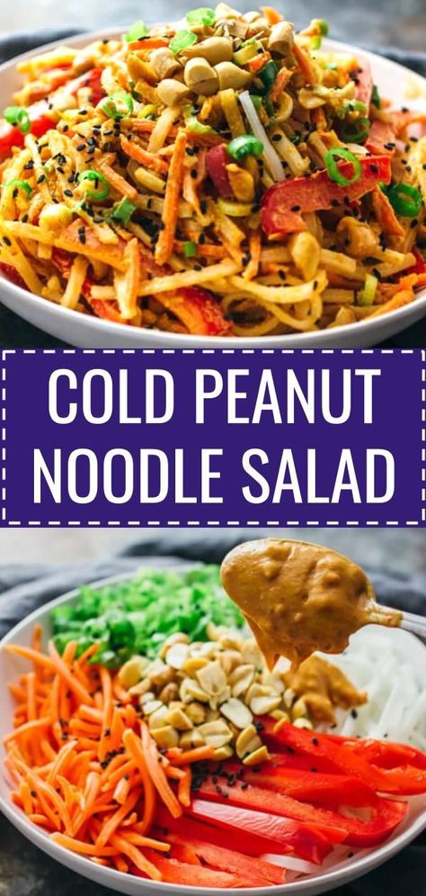 Cold peanut noodle salad - Cool off on a hot summer day with this COLD peanut noodle salad! This Thai-inspired recipe consists of noodles, healthy vegetables, a tasty and spicy peanut dressing, and is topped with sesame seeds. This is an easy vegan dish that you can whip up for weeknight dinners during summer. #dinner #salad #summer #recipe Cold Peanut Noodles, Peanut Noodle Salad, Spicy Peanut Dressing, Vegan Dishes Easy, Noodles Healthy, Diy Easy Recipes, Peanut Dressing, Peanut Noodles, Summer Recipes Dinner