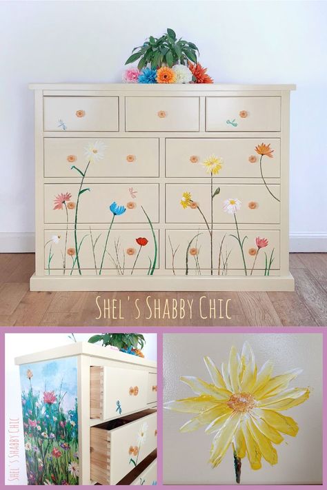 floral hand painted and decoupaged vintage pine dresser in mellow yellow with flowers Cupboard Painting Ideas Diy, Cupboard Painting Ideas, Unique Furniture Painting, Decorative Furniture Painting, Chest Of Drawers Decor, Hand Painted Dressers, Colorful Dresser, Vintage Painted Furniture, Pine Dresser