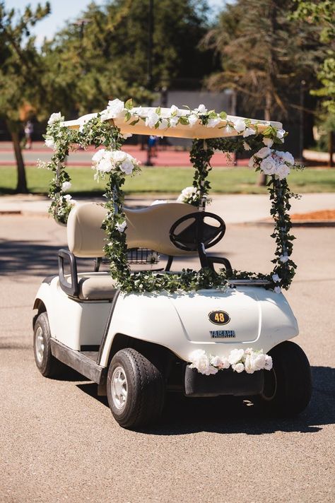 Wedding Golf Cart Decorating Ideas, Golf Cart Wedding Decorating Ideas, How To Decorate A Golf Cart For A Wedding, Wedding Golf Cart Decorations, Golf Course Wedding Decor, Just Married Golf Cart, Buggy Photoshoot, Wedding Golf Cart, Golf Course Wedding Ideas