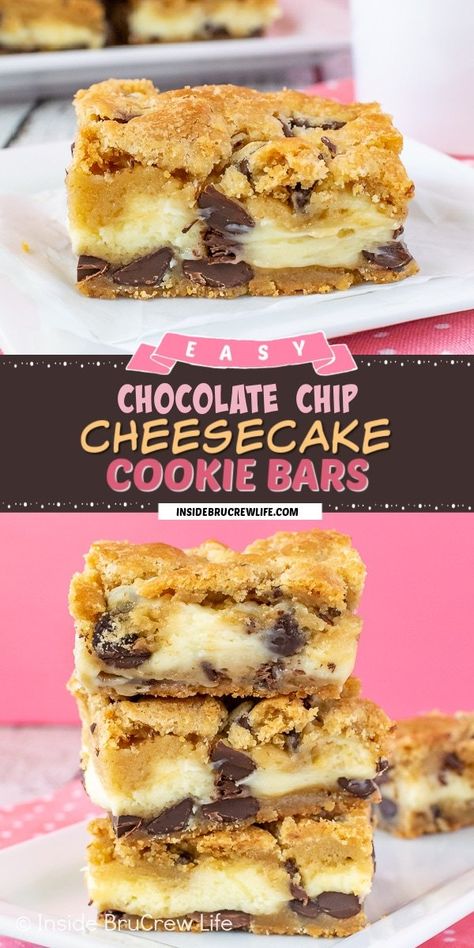 Chocolate Chip Cheesecake Bars Pillsbury, Choc Chip Cheesecake Bars, Chocolate Chip Cheesecake Cookies Recipe, Cookie Crust Cheesecake, Chocolate Chip Cookie Cheesecake Bars, Cheesecake Cookie Bars, Chocolate Chip Cookie Bar Recipe, Cheesecake Baked, Cheesecake Cookies Recipes