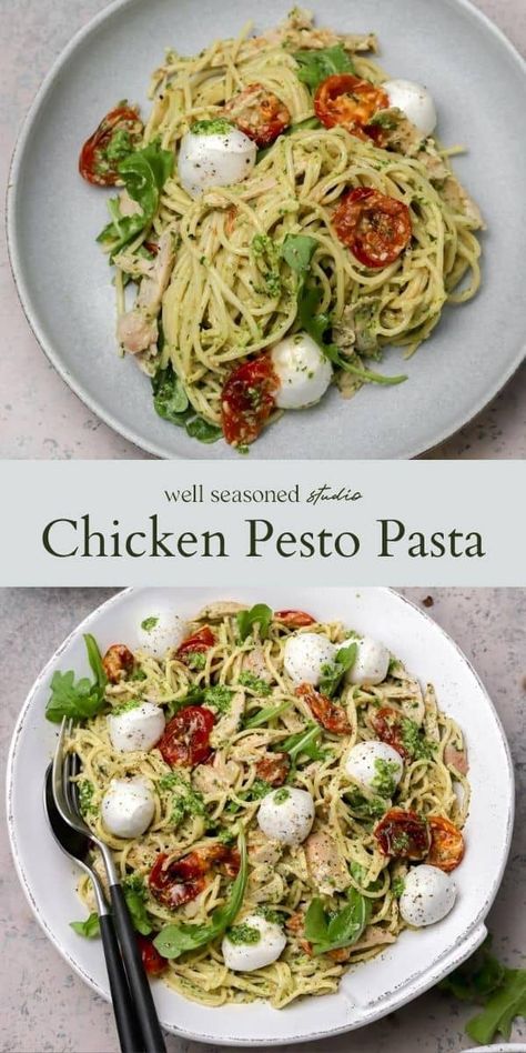 Creamy, cheesy, and tastes like summer! Chicken pesto pasta is a staple in our kitchen. Roasted cherry or grape tomatoes get tossed with pesto sauce, mascarpone, rotisserie chicken, and bocconcini (little mozzarella balls!) for a quick weeknight pasta dish that is packed with flavor! #wellseasonedstudio #pasta #pesto #pestosauce #arugula #arugulapesto #basilpesto #chickenpesto #chickenpestopasta #pastaphotography #foodphotography #pastastyling #foodstyling #summerpasta #pastarecipe #bocconcini # Chicken Pesto Pasta, Creamy Pesto Chicken Pasta, Weeknight Pasta, Creamy Pesto Pasta, Homemade Pesto Sauce, Mozzarella Pasta, Mozzarella Balls, Summer Chicken, Pasta Pesto