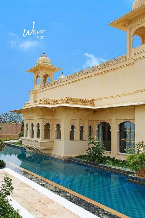 Indian Palace Exterior, Royal Palace Exterior, Rajasthani Palace, Haveli Architecture, Udaivilas Udaipur, Resort Exterior, Rajasthan Architecture, Haveli Design, Oberoi Udaivilas