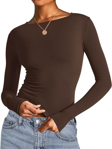 AKEWEI Women's Casual Long Sleeve Boat Neck Slimming Fit Crop Going Out Cotton 2 Piece Tops Tshirt (Black&Dark Red, M) at Amazon Women’s Clothing store Fall Going Out Outfits, Going Out Crop Tops, Style Kendall Jenner, Trendy Fall Fashion, Crop Tops For Women, Out Outfits, Slim Fit Crop Top, Clothing Staples, 1990's Fashion