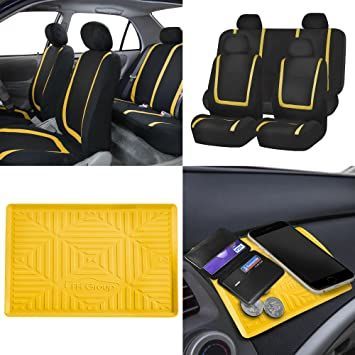 FH Group FB032114 Unique Flat Cloth Full Set Car Seat Covers w. Silicone Anti-Slip Dash Mat, Yellow/Black Color- Fit Most Car, Truck, SUV, or Van Van Seat Covers, Suv Interior, Car Seat Covers Full Set, Automotive Seat Covers, Fabric Bench, Bench Covers, Car Seat Protector, Yellow Car, Seat Protector