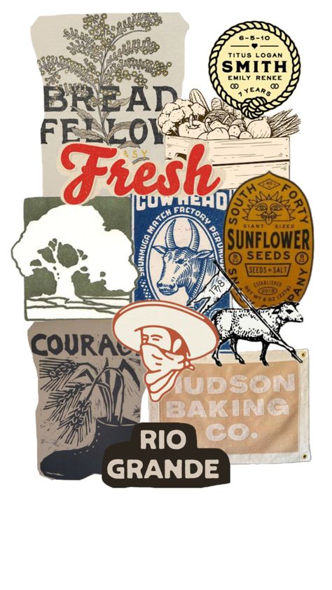 Inspiration collage for a rustic and artisanal farm or ranch. Inspo contains hand drawn illustrations, handmade typography, vintage design elements and texture. Ranch Branding, Rustic Illustration, Handmade Typography, Inspiration Collage, Farm And Ranch, Vintage Farm, Logo Design Inspiration, Vintage Design, Design Elements