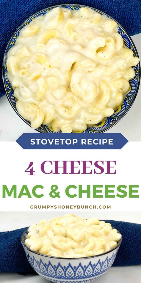 4 Cheese Mac and Cheese is a creamy, delicious, cheesy recipe made on the stove top. It makes a delicious main dish or side dish recipe for any meal and is perfect for any holiday table. Get this macaroni and cheese recipe and more at Grumpy's Honeybunch website. Stove Top Mac And Cheese With Cream Cheese, Best Creamy Mac And Cheese Recipe Stove Top, Easy Stove Top Mac And Cheese Recipe, Recipes Using American Cheese, Homemade Mac And Cheese Recipe With Heavy Cream, Homemade Mac And Cheese Recipe Creamy, Mac N Cheese Recipe Stove Top, Creamy Macaroni And Cheese Recipe, Creamy Stove Top Mac And Cheese