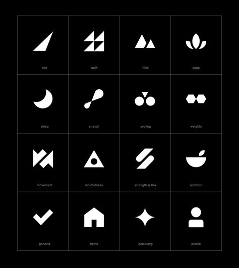 Adidas icons designed by studio TRÜF for a unique and modern fitness app. --- "The idea behind the design is to depict gestural movements and feelings in an abstract manner." --- very minimal, cool, modern and trendy looking. great use of graphic elements applied in creative manner. B2b Logo Design, Tech Icon Design, Modern Iconography, Brand Iconography, Iconography Design, Fitness App Icon, Create Icon, Fitness Icon, White Icons