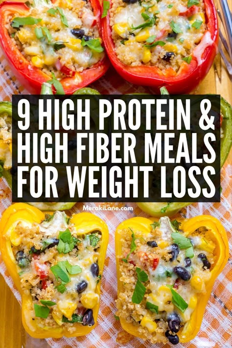 9 High Protein High Fiber Meals | Looking for healthy breakfast, lunch, dinner, and snack ideas that are healthy AND filling? This post is for you. Protein is your secret weapon for feeling full and satisfied because it takes longer to digest and provides a steady release of energy. Fiber regulates blood sugar and expands in your stomach, creating a feeling of fullness. Add the 2 together and you've got an easy weight loss tool! Click for 9 low calorie low carb meals to help you lose weight! High Fibre And Protein Meals, Fiber Full Meals, Protein Fiber Meals, High Protein No Sugar Meals, High Fiber Snacks Healthy, Healthy Breakfast With No Eggs, High Protein Low Cholesterol Meals, High Protein And Fiber Meals Dinners, High Fiber Low Calorie Recipes