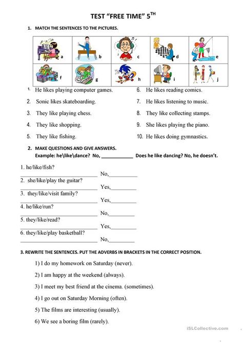 Test Free time - English ESL Worksheets for distance learning and physical classrooms Sms English, Present Simple Tense, Test For Kids, Teach English To Kids, Esl Reading, English Grammar Rules, English Teaching Materials, English Time, English For Beginners