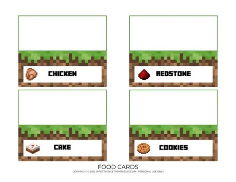 Minecraft food labels Minecraft Food Printables Free, Minecraft Food Labels Free, Minecraft Food Printables, Minecraft Food Tent Cards, Minecraft Food Tents, Minecraft Food Cards, Minecraft Printables Free, Labels Free Printable, Minecraft Party Food