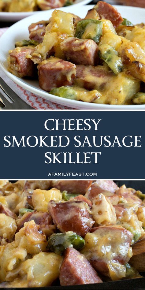 This Cheesy Smoked Sausage Skillet is pure comfort food with fantastic flavor. And – even better – it only takes about 30 minutes to get a delicious and filling dinner on the table for your family! #skilletmeal #30minutemeal Sausage Skillet Recipe, Smoked Sausages, Sausage Skillet, Smoked Sausage Recipes, Sausage Dinner, Resep Diet, Skillet Dinners, Kielbasa, Smoked Sausage