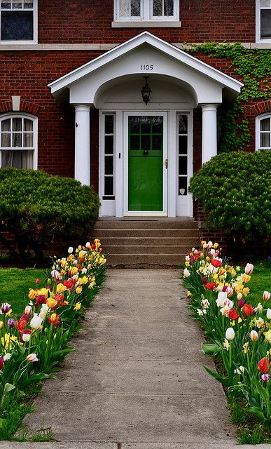 Hundreds of bulbs planted along a front walk. LOVE LOVE LOVE!! Courtesy of *April*'s photostream Front Path Landscaping, Tulips Front Yard, Front Walkway Flowers, What To Plant With Tulips Front Yards, Flower Walkway Front Yards, Tulip Front Yard, Tulip Landscaping Front Yards, Where To Plant Tulips In Front Yard, Front Yard Tulips