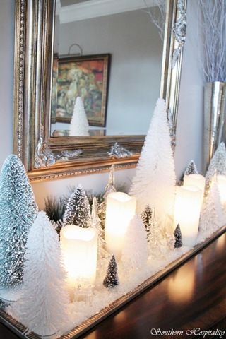 White bristle brush trees, white candles and snow for entry table - beautiful! Could keep all winter! Modern Jul, Diy Jul, Toxic Vision, Modern Christmas Decor, Dollar Store Christmas, Winter Wonderland Party, White Christmas Decor, Christmas Mantels, Farmhouse Christmas Decor