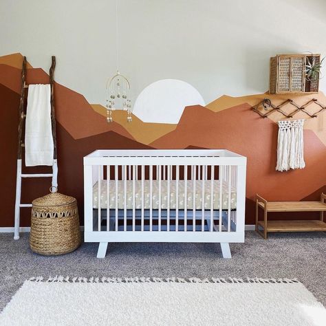 Desert Mural Wall, Boho Mountain Nursery, Boho Western Nursery, Mountain Nursery Theme, Modern Nursery Furniture, Western Nursery, Mountain Mural, Mountain Nursery, Nursery Trends