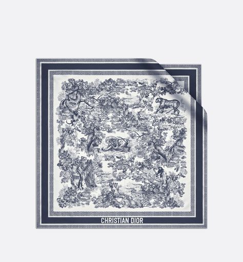 Toile de Jouy Sauvage Square Scarf Ivory and Navy Blue Silk Twill | DIOR Designer Silk Scarves, Blue Toile, Twilly Scarf, Couture Mode, Christian Dior Couture, Gray Silk, Twilly, Dior Couture, Scarf Design