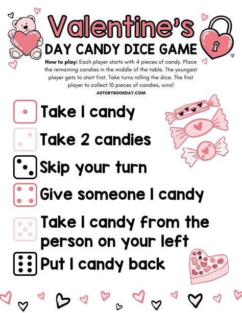 Valentine Day Games For Kids, Kids Valentine Games, Valentine Games For Church, Valentine's Day Game, Candy Dice Game Printable Free, Candy Dice Game, Candy Dice Game Free, Valentine Dice Game, Valentines Day Games