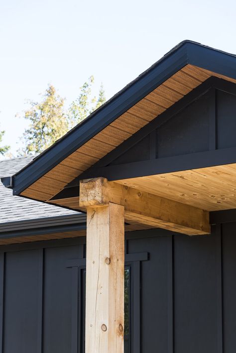 Project McCurdy — Elyse McCurdy Home Designs Black And Cedar Porch, Black Cedar Siding, Black Gables Exterior, Black House Wood Accents, Wood Soffit Exterior, Houses With Black Trim, Moody Exterior, Soffit And Fascia, Roof Soffits