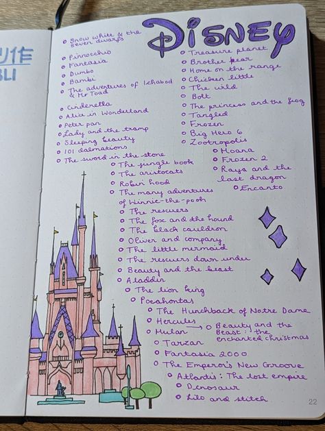 Journal / bullet journal / scrapbook page, Disney classics, Disney watchlist, Disney movies, Disney films Disney Smash Book, Disney Journal Pages, Watchlist Journal, Disney Journal Ideas, Disney Watchlist, Movie Journal Ideas, Netflix Journal, Disney Travel Journal, Disney Bullet Journal