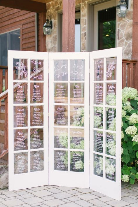 Refinished Antique Trifold French Doors | Wedding Seating Chart Door Wedding Seating Chart, Door Seating Chart Wedding, Trifold Wedding Seating Chart, Seating Chart On Door Wedding, Room Divider Wedding Seating Chart, Room Divider Seating Chart, Farmhouse Seating Chart, French Door Seating Chart Wedding, Watercolor Wedding Seating Chart