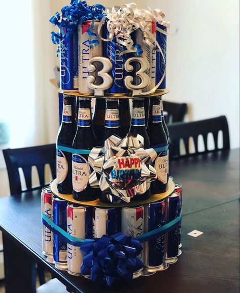 Husband 33rd Birthday Ideas, 33 Birthday Ideas Man, 33rd Birthday Ideas For Him, Beer Tower Gift, Birthday Beer Cake Ideas For Men, Beer Cake Tower Diy, Alcohol Cake Tower For Guys, Beer Cake Tower For Men, Beer Tower