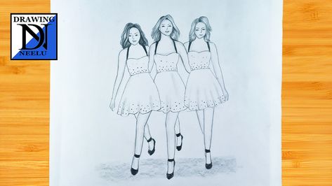 Three Best Friends Sketch, Friendship Sketches, Friendship Drawing, Best Friend Sketches, Beginners Drawing, Girl Draw, Girls Drawing, Friends Sketch, Girl Drawing Easy