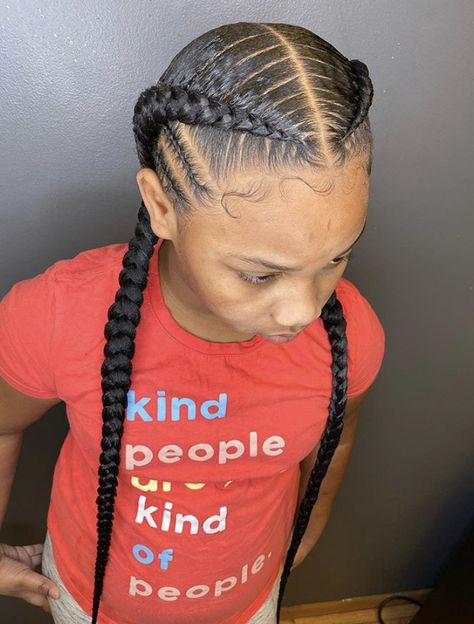 Kids Stitch Braids Cornrows, Kids 2 Braids Hairstyles Black, Dutch Feed In Braids, Feed In Braids Hairstyles For Kids, Kid Stitch Braids, Big Braids For Kids, Toddler Feed In Braids, Kid Feed In Braid Styles, Mixed Girl Hairstyles Kids Braids