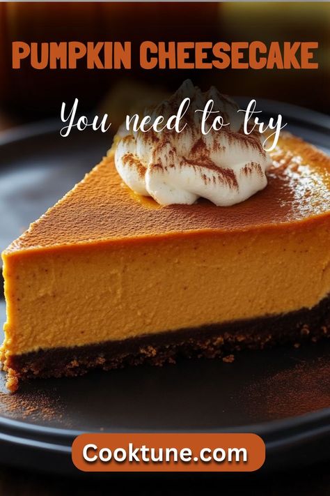 Indulge in this rich and creamy Pumpkin Cheesecake with a buttery graham cracker crust. Perfect for fall gatherings, it combines the warm spices of pumpkin pie with the smooth texture of cheesecake, topped with fluffy whipped cream. Pumpkin Pie Cheesecake, Pumpkin Cheesecake Recipes, Cracker Crust, Homemade Whipped Cream, Creamed Eggs, Pumpkin Season, Pumpkin Seasoning, Graham Cracker Crust, Cheesecake Recipe