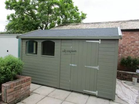 Painted Sheds - Choose Your Colour | Olympian Garden Buildings Sage Green Shed, Green Sheds Painted, Painted Sheds Ideas Colour, Garden Shed Colours, Painted Sheds, Shed Paint Colours, Painted Garden Sheds, Garden Sheds Uk, Farmhouse Sheds