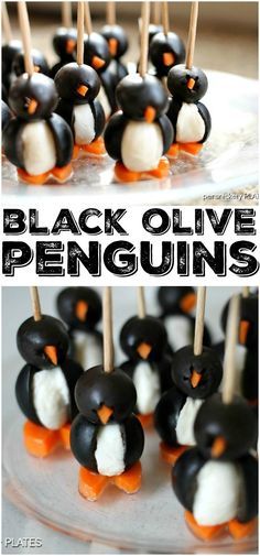 Penguin Olive Appetizer, Olive And Mozzarella Penguins, Black Olive Penguins, Penguin Appetizers Olives, Olive Balls Appetizers, Olive Snacks Appetizers, Black And White Appetizers, Penguin Food Ideas, Easy Christmas Starters