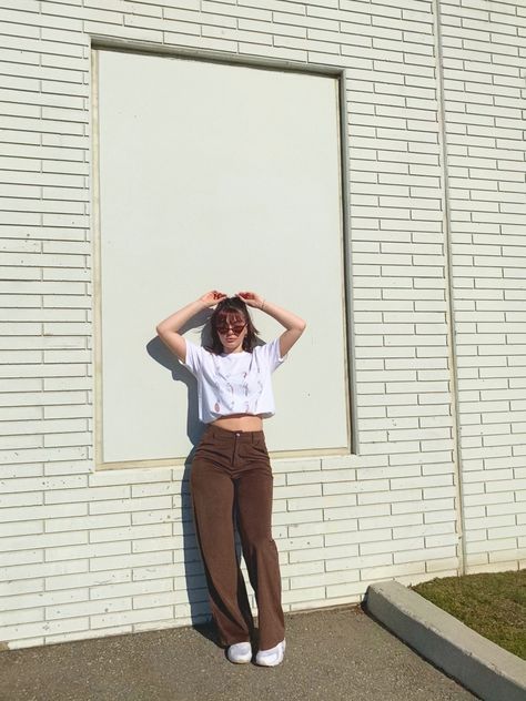 Brown And White Outfit Aesthetic, Polo Ootd Women, Brown Pants Ootd, Brown Jeans Outfit Women, Brown And White Outfit, Cousin Photoshoot, Brown Jeans Outfit, Brown Aesthetic Outfit, Pants From Shein