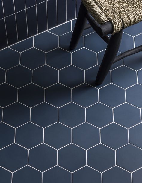 Create a striking bathroom using black hexagon tiles with our Geometric range | Mandarin Stone Navy Hexagon Tile Bathroom, Hexagonal Floor Tiles, Hexagon Floor Tiles, Sweden Home, Hexagon Tile Bathroom, Black Hexagon Tile, Porcelain Hexagon Tile, Hexagonal Tiles, Navy Bathroom