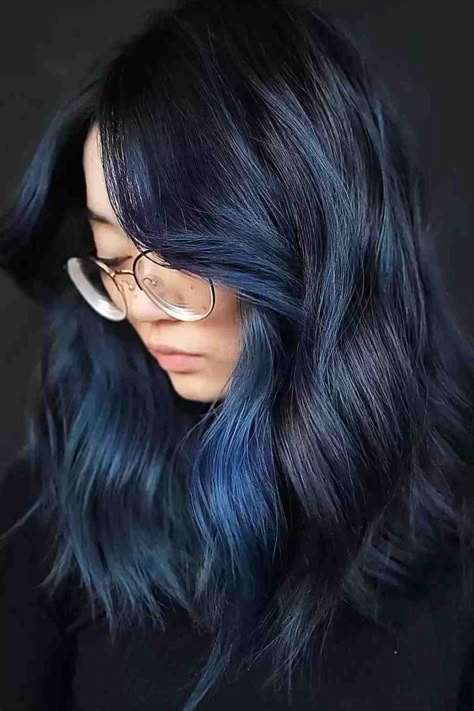 Soft Metallic Blue Money Piece Balayage for Dark Hair with Medium Cut Dark Root Blue Hair, Blue Black Hair With Money Piece, Black Hair Blue Money Piece, Blue Baylage Hair Dark, Dark Blue Money Piece Hair, Winter Blue Hair, Blue Money Pieces, Metallic Blue Hair, Blue Money Piece Hair