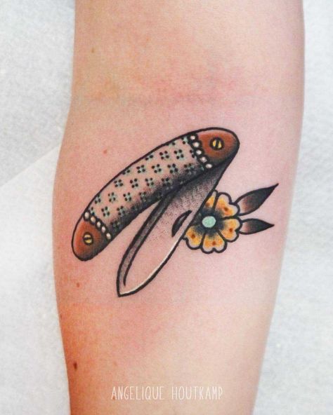 Traditional style pocket knife tattoo by by Angelique Houtkamp Pocket Knife Tattoo American Traditional, Traditional Pocket Knife Tattoo, Jeremiah Tattoo, Pocket Knife Tattoo, Swiss Tattoo, Traditional Pocket Knife, Shane Tattoo, Angelique Houtkamp, Tattoo American Traditional