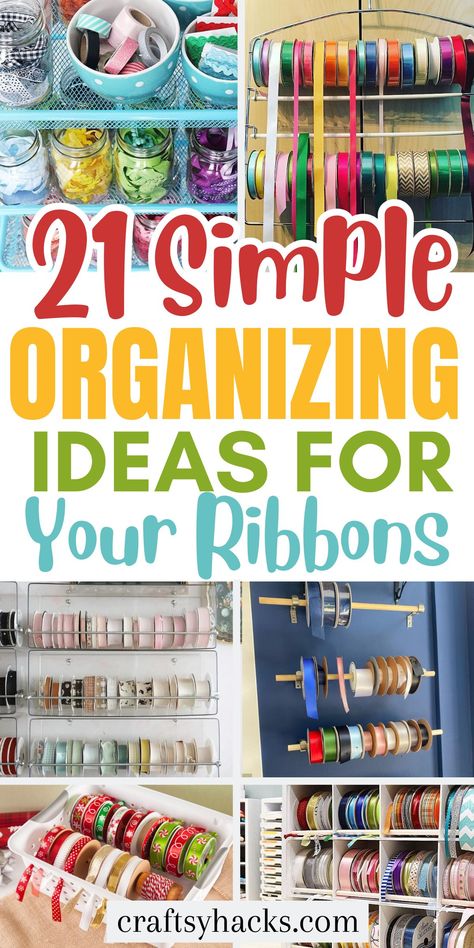 Ribbon Organization Ideas Diy, Ribbon Drawer Organization, Storage For Ribbon Organizing Ideas, Ribbon Organization Diy, Ribbon Holder Diy How To Make, How To Store Rolls Of Ribbon, Organizing Ribbon In Craft Room, Ribbon Storage Hack, Scrap Ribbon Storage