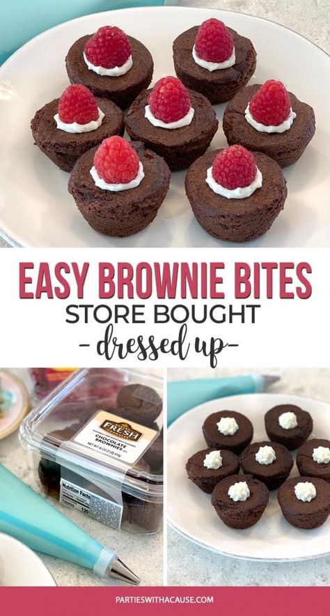 Brownie bites are a crowd favorite. Now you can dress up store bought treats to save time and have a wonderful presentation! Get my list of favorite brownie bite store brands. You can also make brownie bites from mix boxes or your favorite brownie bite recipe of course. Whatever your time frame allows. PartiesWithACause.com #browniebites #bridalshowerfood #prettyfood Brownie Appetizers, Brownie Bits Ideas, Mini Brownie Christmas Treats, Brownie Treat Ideas, Brownie Bites Dessert Table, Store Bought Dessert Table, Brownies With Decorations, Brownie Bar Party, Fancy Brownies Pretty