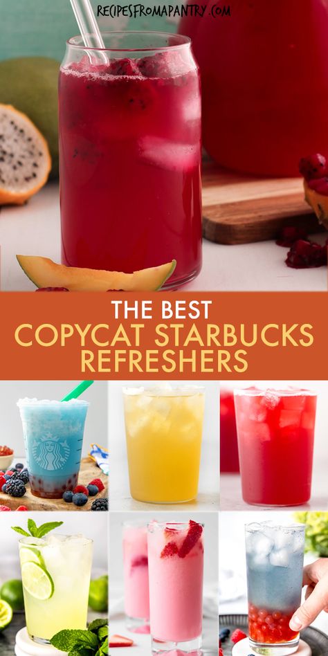 Starbucks Refreshers fans, this is the copycat recipe collection you've been waiting for! It's quick and easy to make all your favorite delicious thirst-quenching Starbucks Refreshers drinks recipes at home. Skip the lines, save money, and make homemade versions of Summer Berry Refresher, Pink Drink, Mango Dragonfruit Refresher, healthy iced green tea lemonade, and more! #starbucksrefreshers #starbuckscopycat Starbucks Secret Menu Drinks Pink Drink, Easy Iced Drinks To Make At Home, Starbucks Copycat Recipes Refreshers, Refreshing Drinks Recipes Easy, Ninja Drink Recipes, Star Bucks Drinks Recipes Refreshers, Drinks To Make Without A Blender, Tea Refresher Recipes, Quick And Easy Drink Recipes