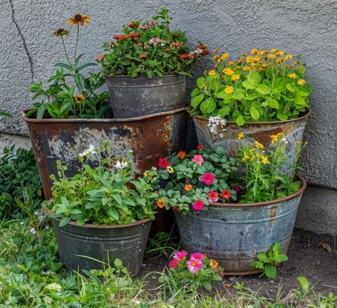 Containers In Flower Beds, Container Flower Garden, Soft Soldering, Junk Garden, Upcycled Garden, Galvanized Planters, Repurposed Art, Upcycle Garden, Farm Living