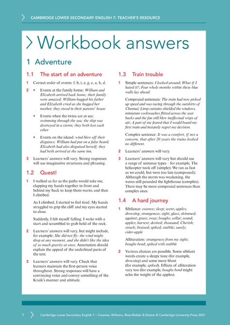 Year 7 WB (answers) English Cambridge Lower Secondary - Workbook answers 1 Adventure 1 The start of - Studocu Primary English Activities, Cambridge Book, Cambridge Primary, Primary English, English Learning Books, Secondary English, Primary Science, Rhetorical Question, Cambridge English