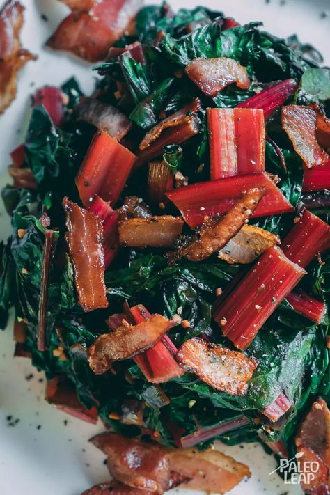 Sautéed Swiss Chard With Bacon | Paleo Leap Sauteed Swiss Chard, Swiss Chard Recipes, Paleo Sides, Chard Recipes, Csa Recipes, Garden Vegetable, Breakfast Food List, Spinach Recipes, Paleo Dinner