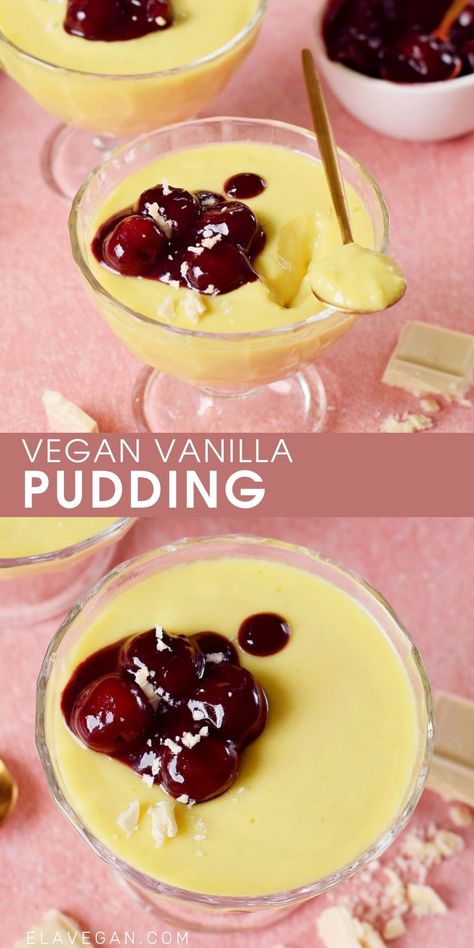 Enjoy this 2-step vegan vanilla pudding recipe using just 5 ingredients and prepared in under 10 minutes! It's creamy, smooth, and flavorful but completely dairy-free and egg-free. Plus, this pudding can be made nut-free and/or sugar-free too! #veganpudding #vanillapudding #veganvanillapudding #vegancustard #elasrecipes | elavegan.com Vegan Vanilla Pudding, Vanilla Pudding Recipe, Pudding Homemade, Dairy Free Pudding, Vanilla Pudding Recipes, Homemade Pudding, Vegan Baking Recipes, Sugar Free Pudding, Raw Vegan Desserts