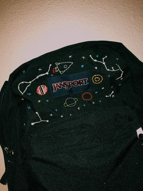 space embroidered backpack Backpack With Embroidery, Embroidery Designs On Backpacks, Embroidery Designs Backpack, Embroidering Backpacks, Backpack With Pins Aesthetic, Backpack Embroidery Ideas Jansport, Embroidered Backpack Jansport, Backpack Embroidery Jansport, Decorate My Backpack